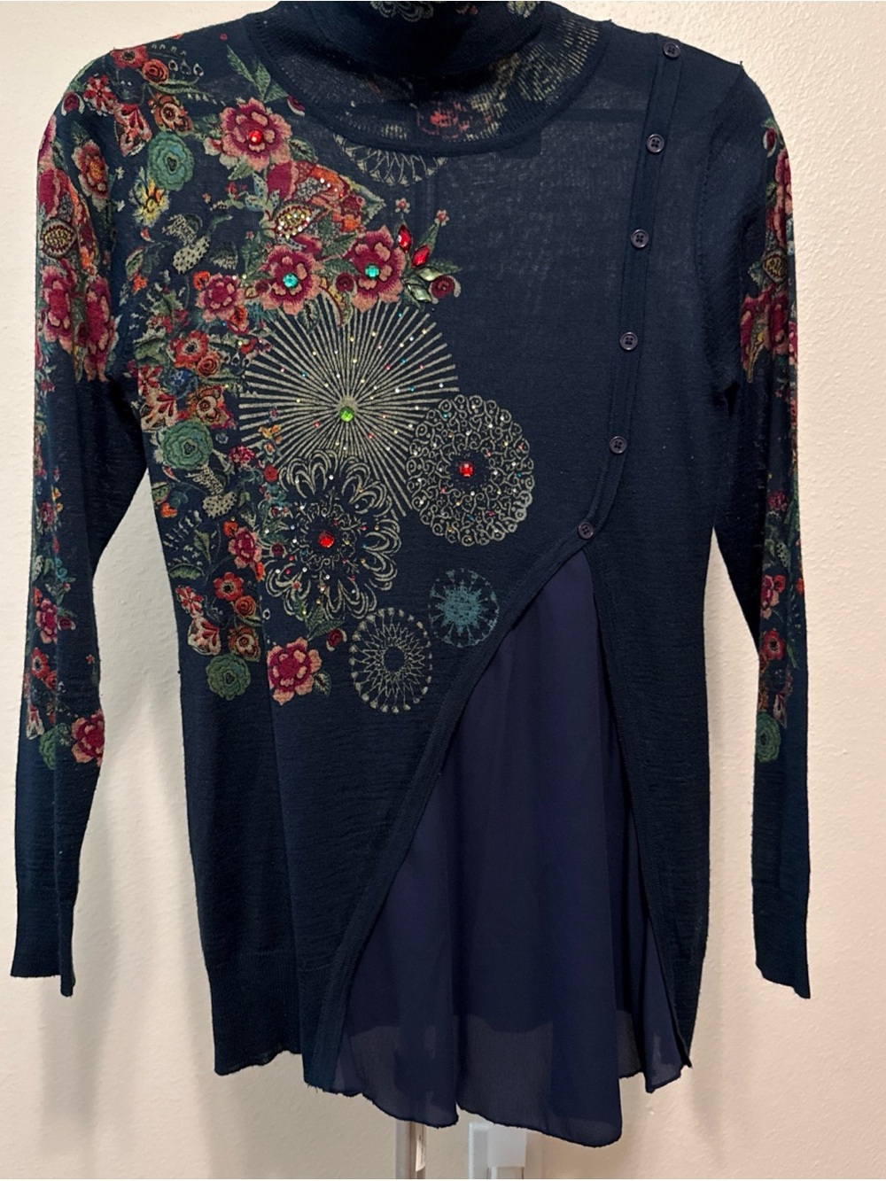 Desigual Navy Floral Layered Mock Turtleneck Sweater